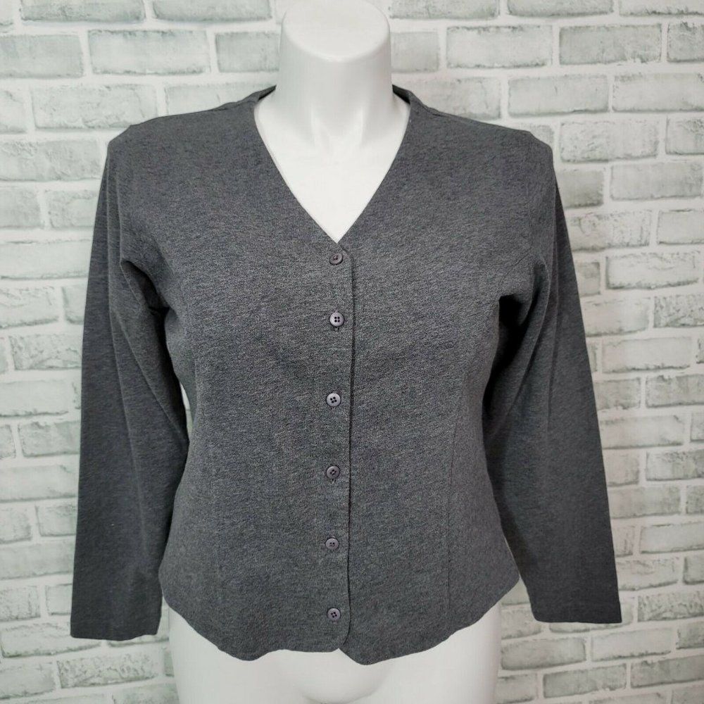 LL Bean Womens L Grey Button Front Long Sleeve Cardigan Sweater Popover